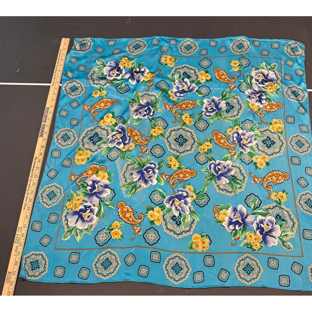 Adrienne Vittadini Silk Scarf Turquoise Blue Floral Paisley Square Made in Japan - Picture 3 of 5